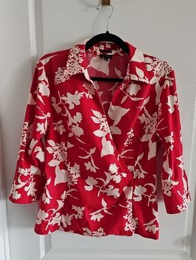 Talbots Red and White Floral Wrap-Style Blouse